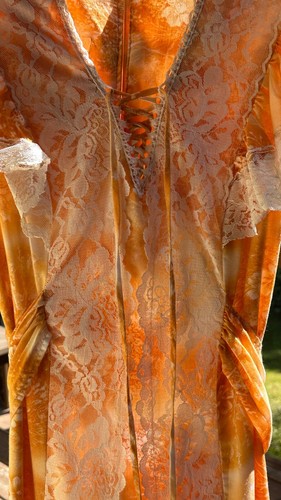 70s Prairie Gunne Sax Style Dress Maxi Orange Lace Up Back Tie Floral Size 11 - Picture 20 of 22