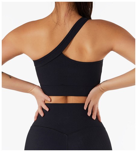 Women Workout Ribbed Sexy One Shoulder Yoga Bra High Waist Sport Crop Tops - Picture 8 of 19