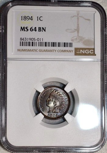 NGC MS-64 BN 1894 Indian Head Cent, Attractively Toned specimen.