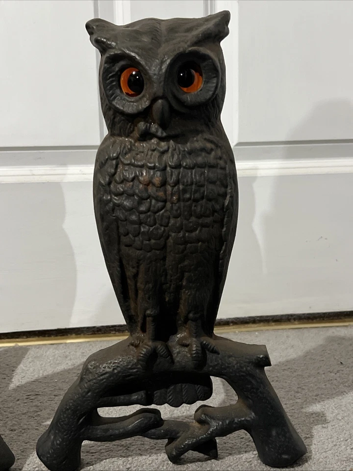 Vintage Rare Cast Iron Fireplace Andirons Owl Set With Original Glass Eyes 407E - Image 2 of 4