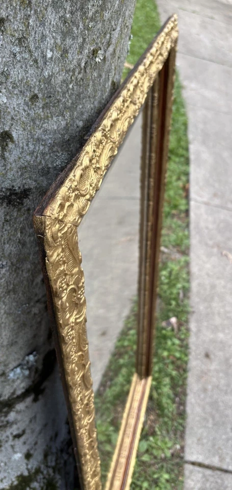 Antique Victorian Gold Gilt Gesso & Solid Oak Beveled Wall Mirror Mercury Glass - Image 3 of 4