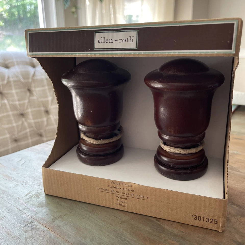 全新 Allen & Roth 2 Finials 棕色/胡桃色饰面 适合 1 3/8 或 1 3/4 杆 — 第 2/4 张图片