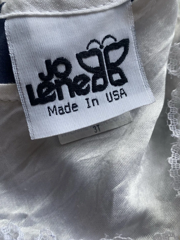 Vestido vintage para niña Jo Lene EE. UU. terciopelo aplastado talla 3t azul profundo con encaje blanco usado en excelente estado Foto 3 de 4