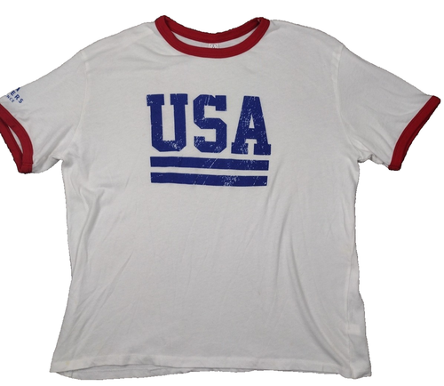 T shirt homme vintage USA col et bras sonnerie taille XL patriotique rouge blanc bleu