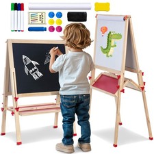 Double Sided Foldable Easel for Kids Adjustable Height Wooden Art Station wit...
