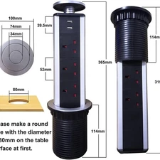 Pull Pop Up Socket Power Strip Tower UK Plug 2 USB Desk Extension Kitchen Office