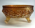 Imperial Lustre Rose Marigold Carnival Glass 3‑Footed Bowl 7.35" Vintage 1910s