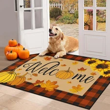 HEBE Fall Door Mat, 32"X48" Pumpkin Welcome Doormat, Non Slip Buffalo Plaid Fron