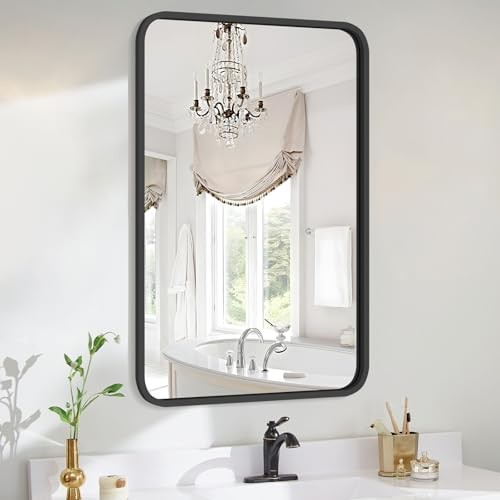 Black Mirror for Bathroom 20" x 30" Black Rounded Corner Rectangle Mirror with - Picture 2 of 8