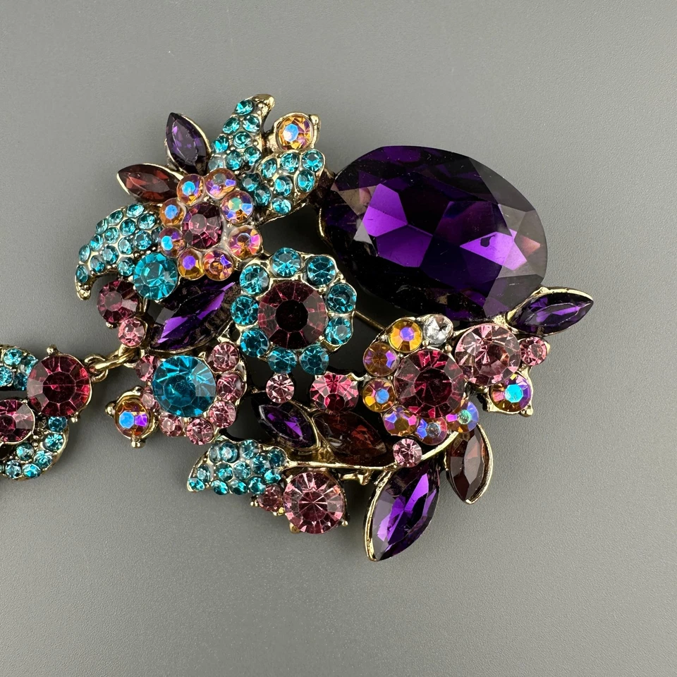 Broche Flor Estrás Cascada Grande Declaración Púrpura Rosa Azul Rojo Moderno Foto 3 de 4