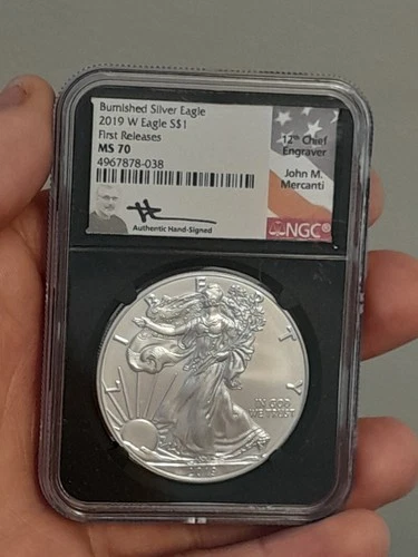 2019- W American Burnished Silver Eagle NGC MS 70 Mercanti Signature