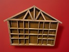 Solid Wood House-Shaped Trinket Curio Shelf. Rustic Display Case 33 Slots