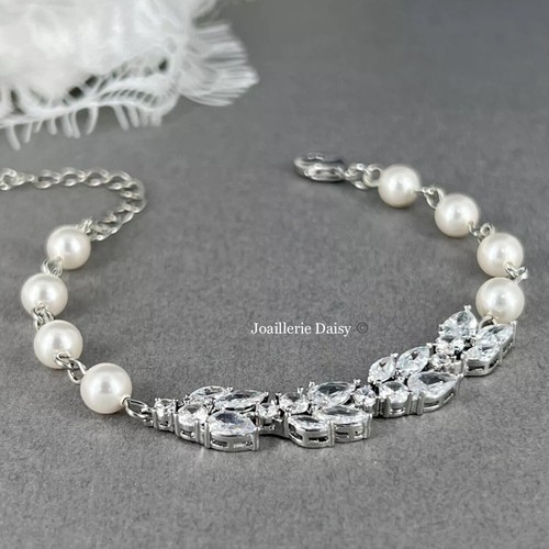 Handmade CZ Floral Leaf 6mm White Pearl Slide Adjustable Bracelet Bridal Wedding - Picture 2 of 6