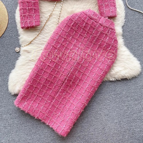 2PC Suit Women's Belt Short Jacket Coat Split Midi Skirt Woolen Blend Formal SZ - Picture 22 of 25