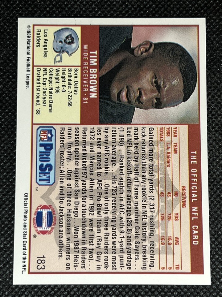 1989 NFL Pro Set TIM BROWN RC #183 ROOKIE CARD Los Angeles Raiders MINT ...