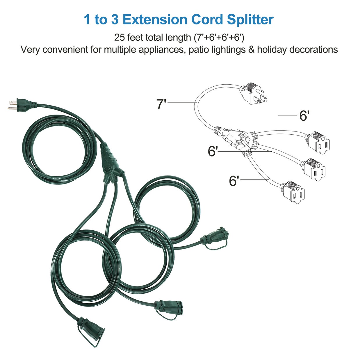 DEWENWILS 25ft Outdoor Extension Cord With 3 Outlet Splitter - Weatherproof 16/3 SJTW (Green)