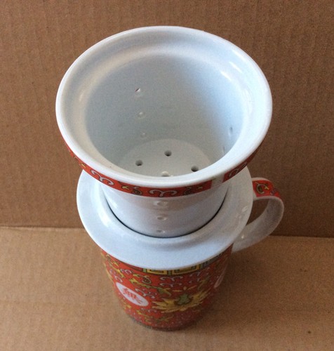 Set 3pcs Vintage Tea Cup W/ Infuser & Lid Lotus Design Red Ceramic China 5 1/2” - Picture 10 of 12