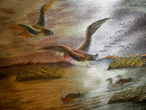 Vintage gerahmte Nadelspitze Stickerei Enten Gänse Landschaft - Bild 3 von 4