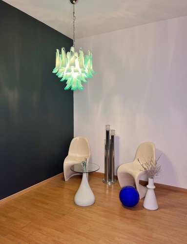 Italian vintage Murano chandelier - Mazzega - 36 lattimo turquoise glass petals - Picture 8 of 23
