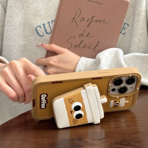 Cute Soft Silicone Coffee Bracket Phone Case Cover For iPhone 1314/15/16 Pro Max - Picture 5 of 5