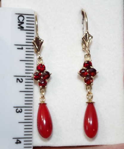 HANDMADE 14K 10MM RED CORAL & GARNET SEED LEVER BACK ELONGATED EARRINGS SS - Picture 3 of 12