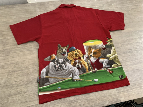 RARE Vintage DRAGONFLY DOGS PLAYING POOL BUTTON UP SHIRT RED MENS Sz L - Picture 10 of 10