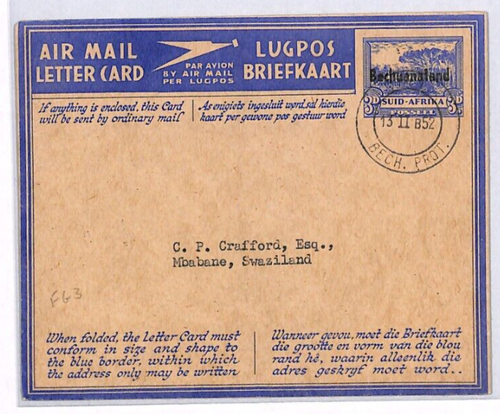 BECHUANALAND Overprint South Africa 3d AIR LETTER Stationery 1952 Swaziland YO95 - Picture 2 of 16