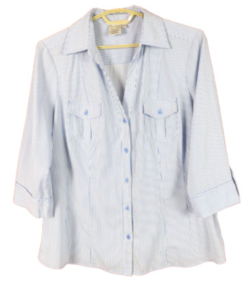 FRED DAVID Women Slippery Poly Blouse 3/4 Sleeve Blue White Striped Pocket 1X