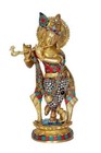 Solid Brass Hindu God Krishna Statue Idol with Inlay Work On Base for Home Decor