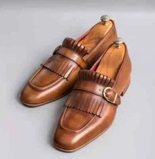 Buy Handmade Men's Fringes Monk Strap Square Toe Dress Shoes, Real Leather Shoes