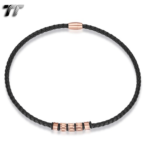 TT 6mm Black Leather Bead S.Steel Magnet Buckle Collar Necklace (CL25) NEW - Picture 3 of 3