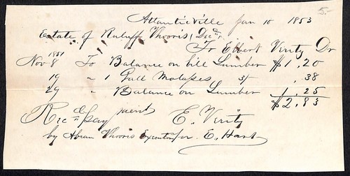 1853 Atlanticville, NY (East Quogue) Hand Written lumber Receipt - Very Scarce