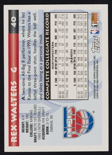 Rex Walters Signed 1993-94 Topps Rookie Card #40 - 1st Round NBA Draft Nets RC - Picture 2 of 2