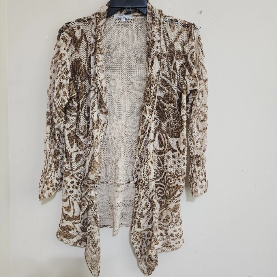 Cárdigan ALBERTO MAKALI Tejido Floral Frente Abierto Crochet Plumero Lino‎ XL Tostado Foto 2 de 4