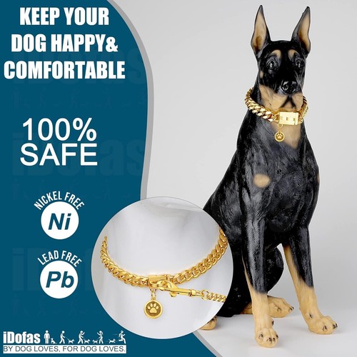 Stainless Steel Gold Dog Collar 14mm Cuban Link with Secure Snap Buckle - Picture 7 of 9