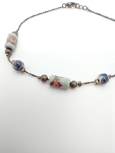 90's Y2K Boho Ceramic Handcrafted Beaded Anklet Bracelet Blues Browns Floral - Picture 3 of 7