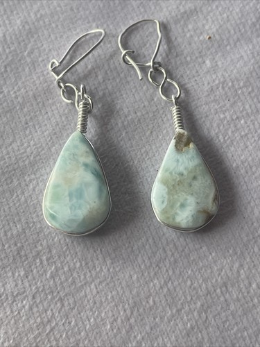 Larimar and Silver Metal Dangle Fishhook Earrings About 2” - Picture 2 of 5