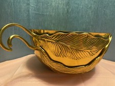 Rare Ethan Allen Brass Bowl with leaves and leaf stem handles 4.75” High