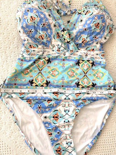 NWT Nanette Lepore "Tapestry Goddess" One Piece Swimsuit Sz 14 O Ring Back Ties - Picture 5 of 12