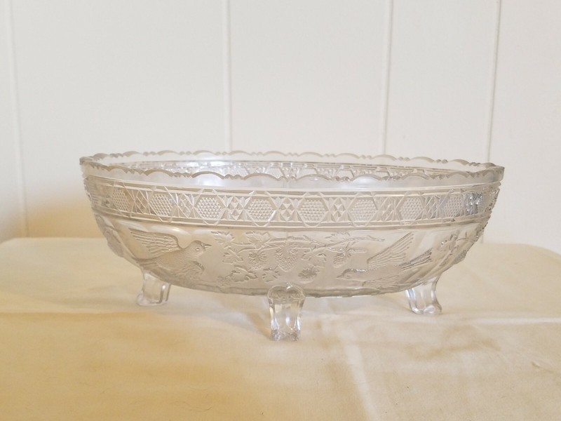 Vintage Bird/Fruit Oval Crystal Bowl Candy Dish Footed Decorative