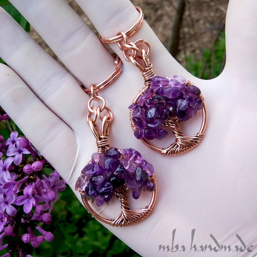 Amethyst Crystals Tree Of Life Keychain (Keyring) Pure Copper Wire Wrapped - Picture 2 of 5