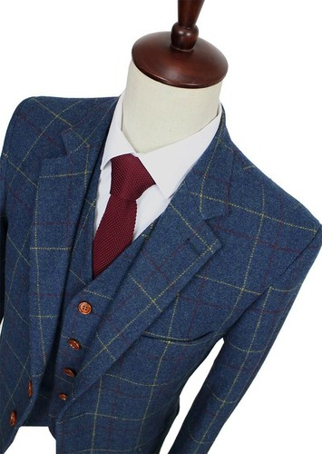 Men Suit Blue Plaid Tweed Vintage Check Party Prom Groom Tuxedo Wedding 3 Piece - Picture 3 of 12