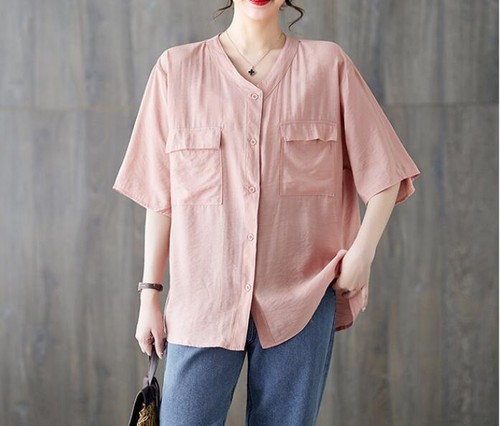 Womens Fashion Summer V Neck Short Sleeve Loose Pure Color Shirt Casual Blouses - Foto 15 di 16