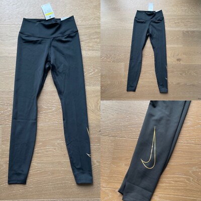 Nike One Leggings Womens XS Icon Clash Black Gold Glitter Mid