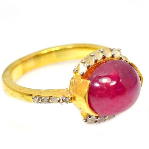 925 STERLING SILVER BLOOD RED RUBY 10X9 MM. OVAL CABOCHON CUT RING SIZE 7.25 - Picture 4 of 8