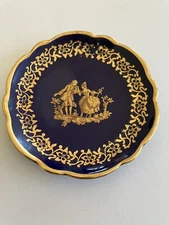 Porcelaine Limoges France Cobalt Blue & Gold Trinket Dish Courting Scene