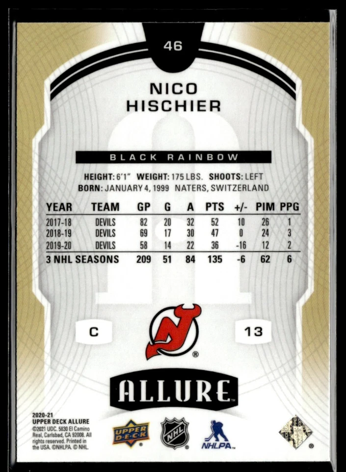 2020-21 Upper Deck Allure Black rainbow Nico Hischier #46 - Image 2 of 2