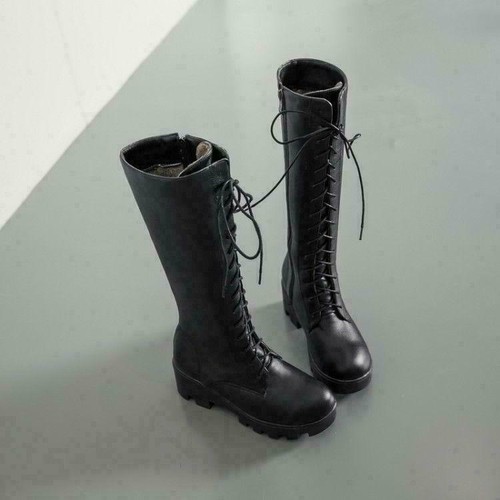 Womens Round Toe Combat Knee High Boots Retro PU Leather Lace Up Gothic Shoes - Picture 11 of 17