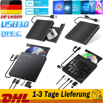 USB 3.0 Externes CD/DVD Laufwerk Brenner Player mit Type C für Laptop PC Schwarz