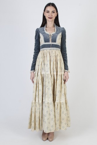 Vintage Gunne Sax Blue Velvet Dress Corset Renaissance Fair Floral Prairie Gown - Picture 3 of 8
